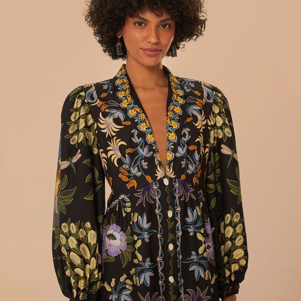 FARM Rio Black and Purple Buttoned Peplum Dress